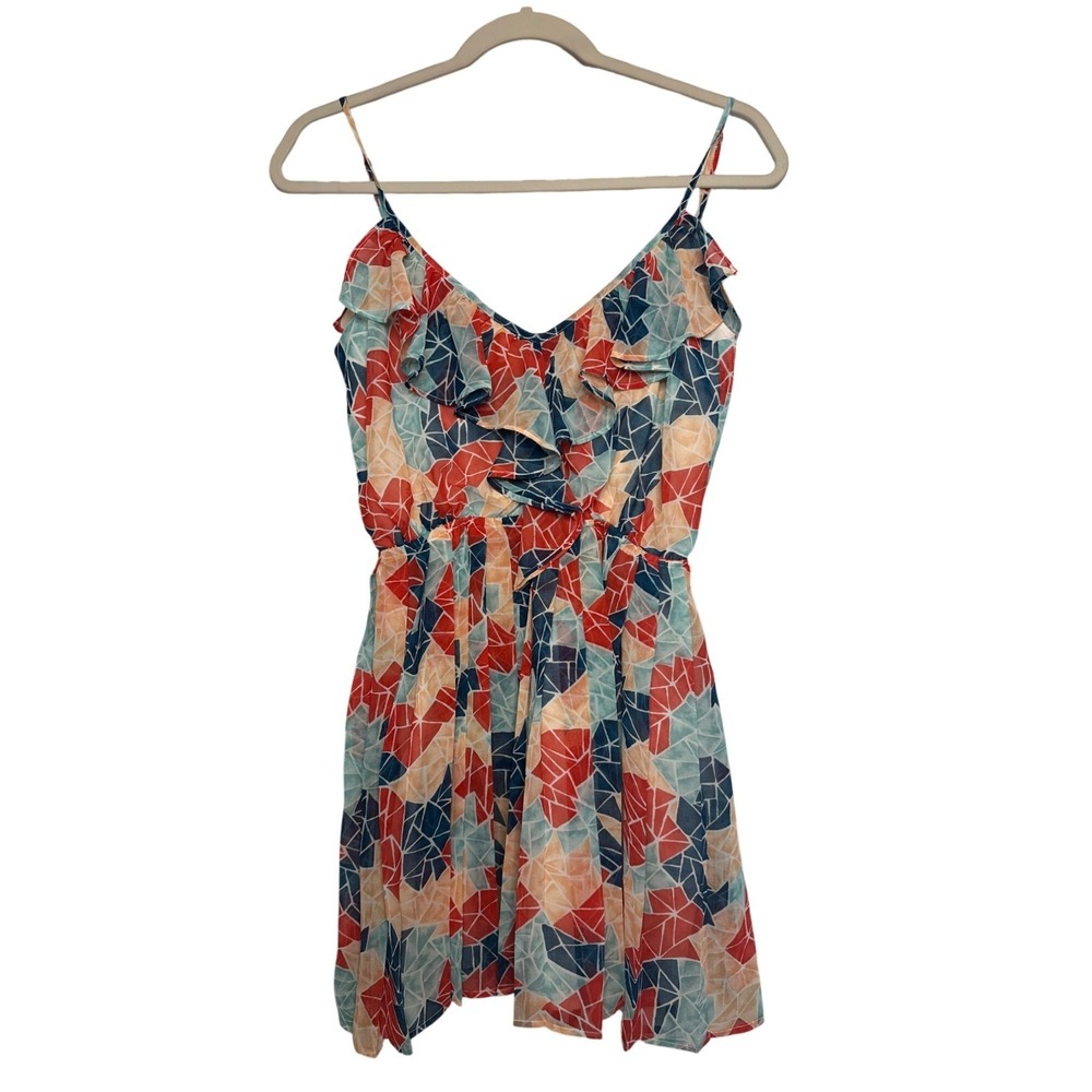 BCBG Generation Geometric Flowy Mini Dress Women XXS Spaghetti Strap Flowy Flare